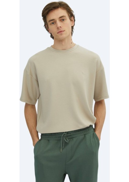 Bej Düz Bisiklet Yaka T-Shirt
