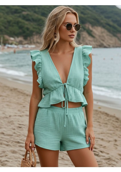 Organik Pamuk Müslin Bağlamalı Fırfır Şortlu Takım fiyatları