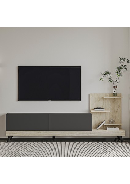 Dizayn Raflı, Dolaplı Tv Ünitesi Antrasit/traverten