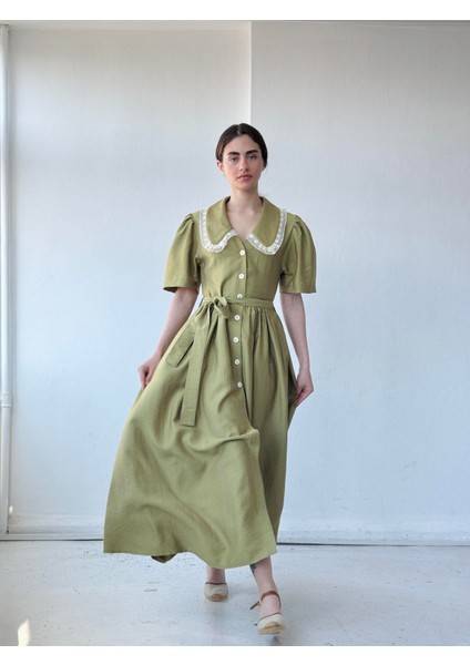 1950'LI Yılların Tasarımı Dantelli Betty Maxi Uzun Elbise Kadın Çağla fiyatları