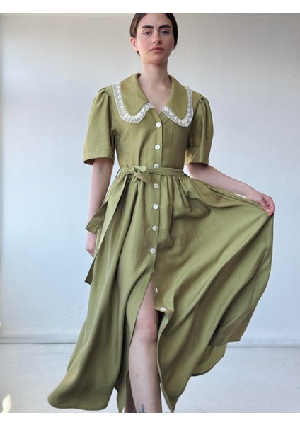 1950'LI Yılların Tasarımı Dantelli Betty Maxi Uzun Elbise Kadın Çağla fırsatları