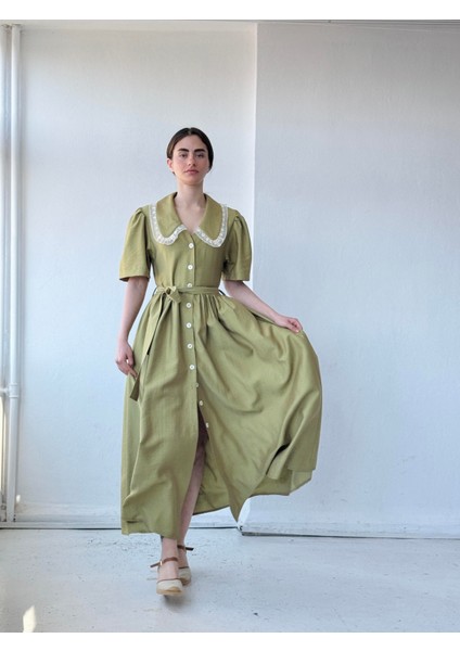 1950'LI Yılların Tasarımı Dantelli Betty Maxi Uzun Elbise Kadın Çağla indirimleri