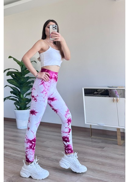 Spor Tayt Toparlayıcı Push-Up Arkası Brezilya Büzgülü Batik Desen Fuşya
