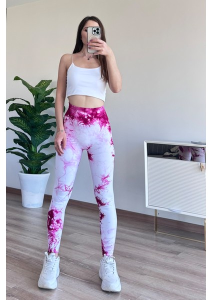 Spor Tayt Toparlayıcı Push-Up Arkası Brezilya Büzgülü Batik Desen Fuşya fiyatları
