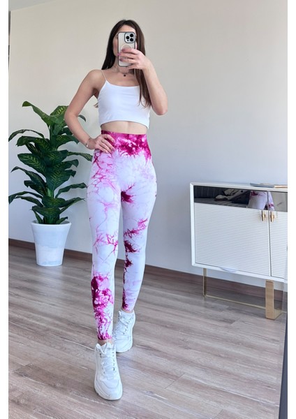 Spor Tayt Toparlayıcı Push-Up Arkası Brezilya Büzgülü Batik Desen Fuşya modelleri