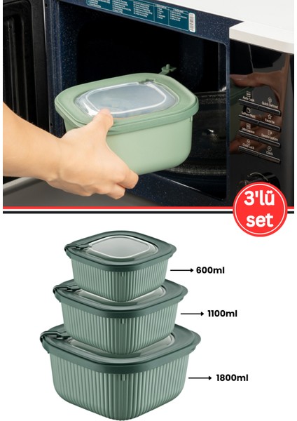 Mikrodalga Saklama Kabı 3’lü Set, Buzluk Buzdolabı Mikrodalga Uygun Kapaklı Set (600-1100-1800ML) Yeşil