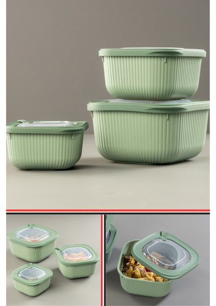 Mikrodalga Saklama Kabı 3’lü Set, Buzluk Buzdolabı Mikrodalga Uygun Kapaklı Set (600-1100-1800ML) Yeşil