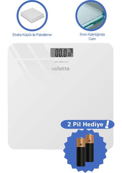 Echo Pil Hediyeli Dijital Cam Baskül Tartı 180 Kg Lcd Ekranlı Beyaz