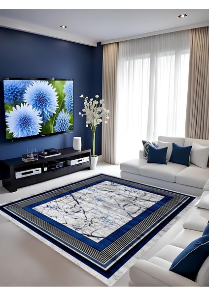 Premium Kalite Dijital Baskı Çerçeve Detaylı Kaymaz Taban Salon Koridor Mutfak Halısı Ck 834 Lacivert