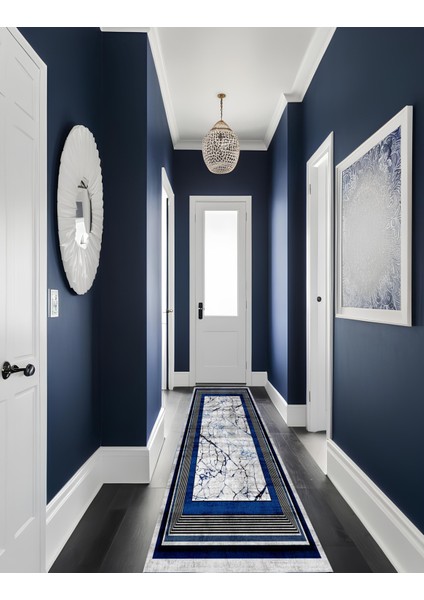 Premium Kalite Dijital Baskı Çerçeve Detaylı Kaymaz Taban Salon Koridor Mutfak Halısı Ck 834 Lacivert modelleri