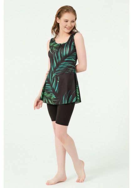 Yaprak Desenli Sıfır Kol Yarı Kapalı Mayo