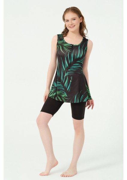 Yaprak Desenli Sıfır Kol Yarı Kapalı Mayo modelleri