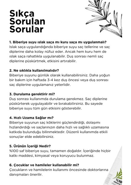 Sağlıklı Saç Uzama Destekleyici & Anti Dökülme, %100 Saf Biberiye Suyu 200ML