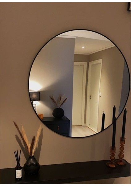 Siyah Metal Çerçeveli Yuvarlak Modern Duvar Aynası 50 cm