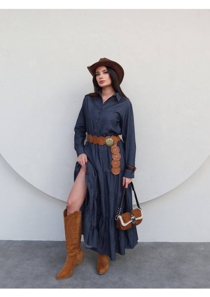Lacivert Tensel Denim Kloş Elbise