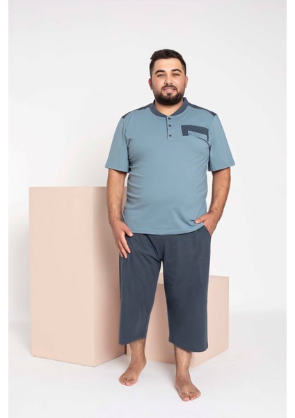 Erkek Büyük Beden 3 Düğme %100 Pamuk Kısa Kol Cepli Kapri Bermuda Pijama Takımı