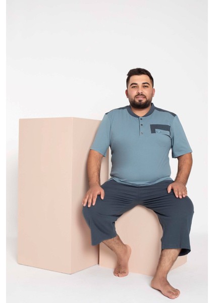 Erkek Büyük Beden 3 Düğme %100 Pamuk Kısa Kol Cepli Kapri Bermuda Pijama Takımı
