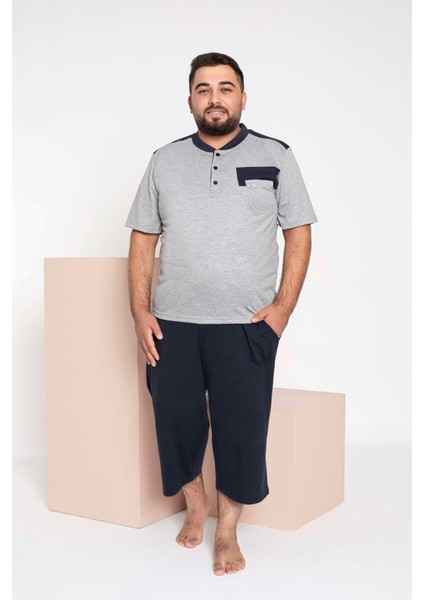 Erkek Büyük Beden 3 Düğme %100 Pamuk Kısa Kol Cepli Kapri Bermuda Pijama Takımı