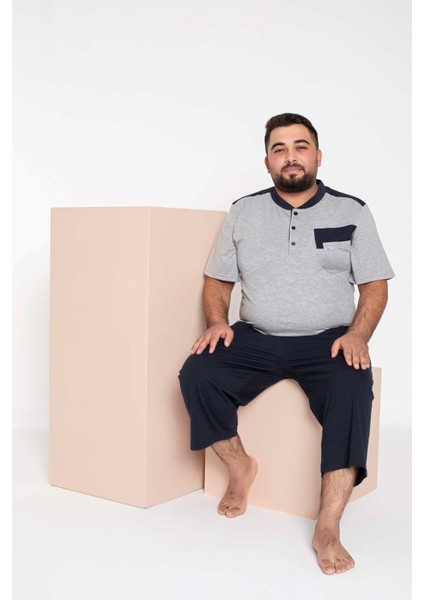 Erkek Büyük Beden 3 Düğme %100 Pamuk Kısa Kol Cepli Kapri Bermuda Pijama Takımı