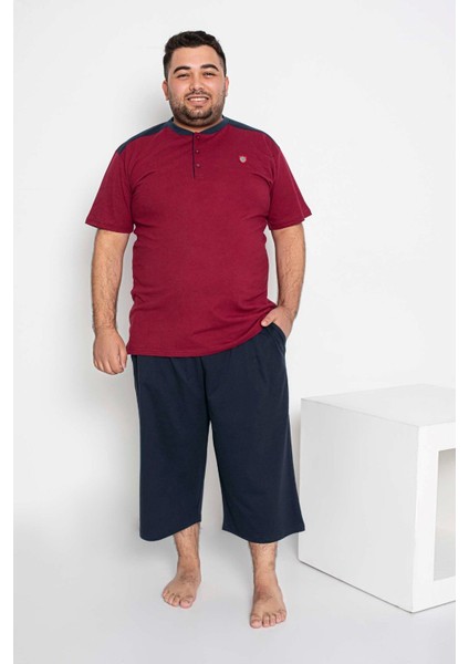 Erkek Büyük Beden 3 Düğme Pamuk Kısa Kol Cepli Kapri Bermuda Pijama Takımı