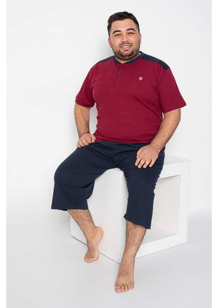 Erkek Büyük Beden 3 Düğme Pamuk Kısa Kol Cepli Kapri Bermuda Pijama Takımı