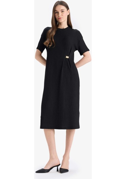 Regular Fit Bisiklet Yaka Basic Düz Bürümcük Kısa Kollu Midi Yazlık Elbise E7330AX25SM