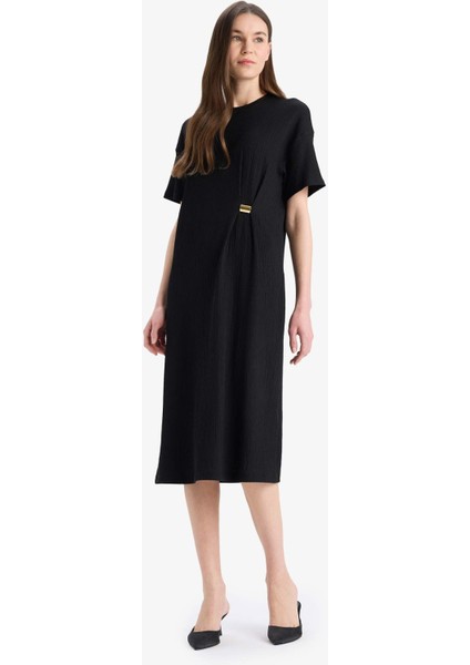Regular Fit Bisiklet Yaka Basic Düz Bürümcük Kısa Kollu Midi Yazlık Elbise E7330AX25SM