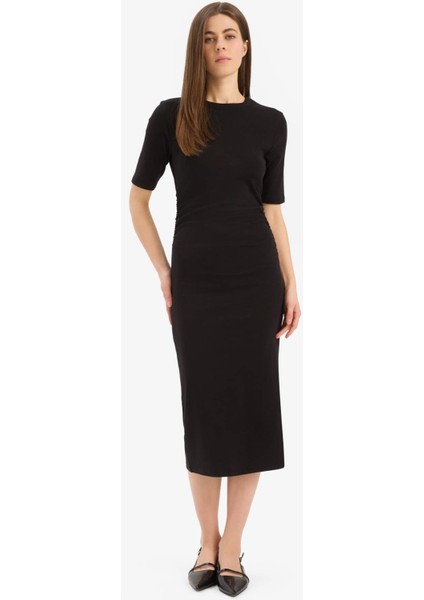 Bodycon Vücudu Saran Bisiklet Yaka Basic Düz Ribana Kısa Kollu Midi Elbise E6003AX25SP