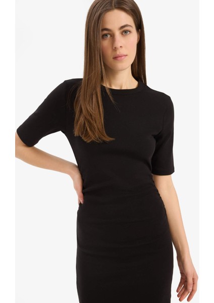 Bodycon Vücudu Saran Bisiklet Yaka Basic Düz Ribana Kısa Kollu Midi Elbise E6003AX25SP