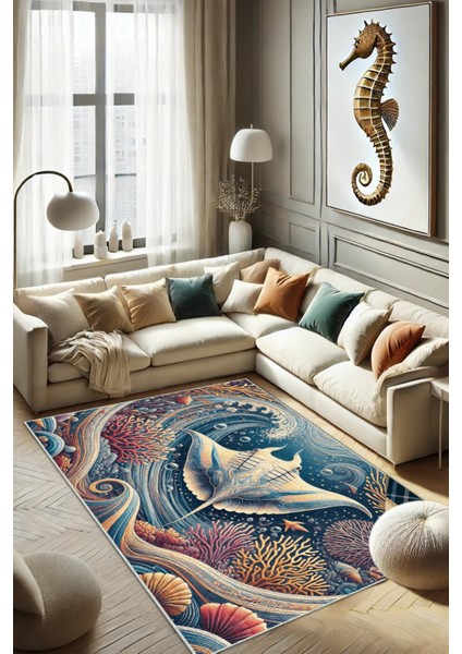 Vatoz Balıklı Su Altı Deniz Temalı Kaymaz Yıkanabilir Dijital Baskılı Halı