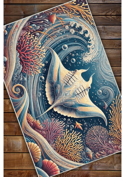 Vatoz Balıklı Su Altı Deniz Temalı Kaymaz Yıkanabilir Dijital Baskılı Halı modelleri