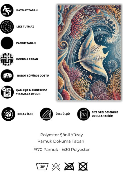 Vatoz Balıklı Su Altı Deniz Temalı Kaymaz Yıkanabilir Dijital Baskılı Halı fırsatları