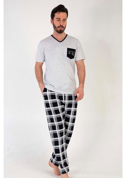 Gri Melanj Erkek Kısa Kollu Büyük Beden Pijama Gri Melanj