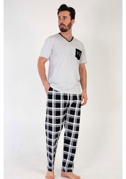 Gri Melanj Erkek Kısa Kollu Büyük Beden Pijama Gri Melanj