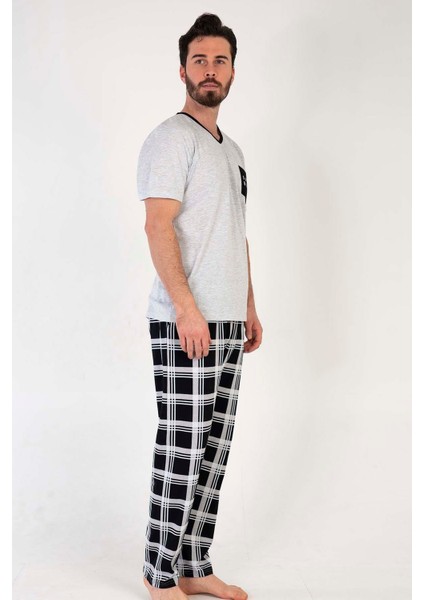 Gri Melanj Erkek Kısa Kollu Büyük Beden Pijama Gri Melanj