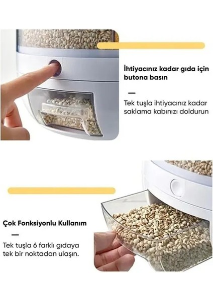 360° Dönebilen Kuru Gıda ve Bakliyat Organizeri 6 Bölmeli Hava Geçirmez Saklama Kabı