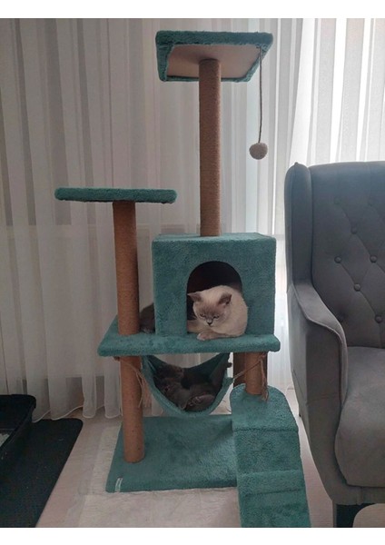B-07 Hamaklı Yuvalı Lüx Kedi Tırmalama Evi Turkuaz