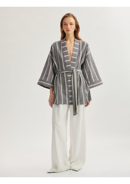 Pamuklu Rahat Kalıp Kemerli 3/4 Geniş Kol Uzun Kimono