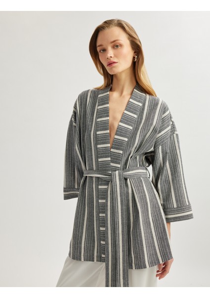 Pamuklu Rahat Kalıp Kemerli 3/4 Geniş Kol Uzun Kimono fiyatları