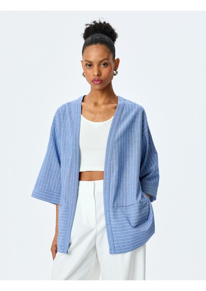 V Yaka Cep Detaylı Oversize Çizgili Kruvaze Kimono