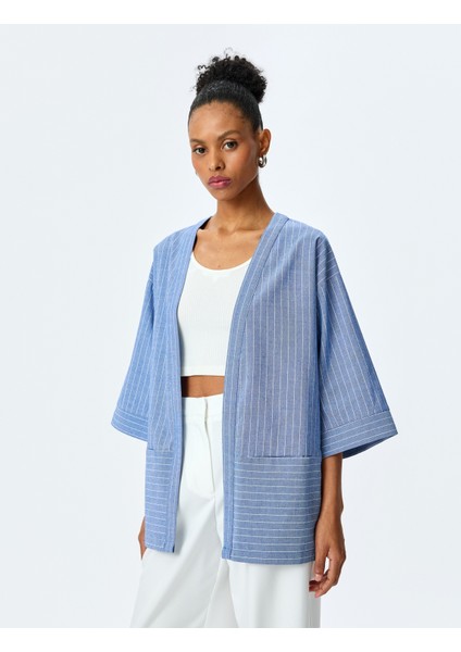 V Yaka Cep Detaylı Oversize Çizgili Kruvaze Kimono modelleri