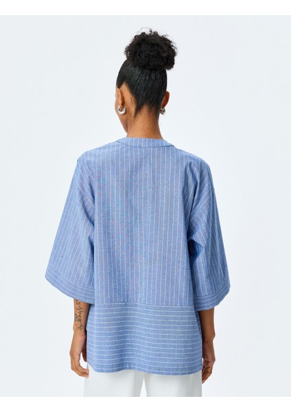 V Yaka Cep Detaylı Oversize Çizgili Kruvaze Kimono fırsatları