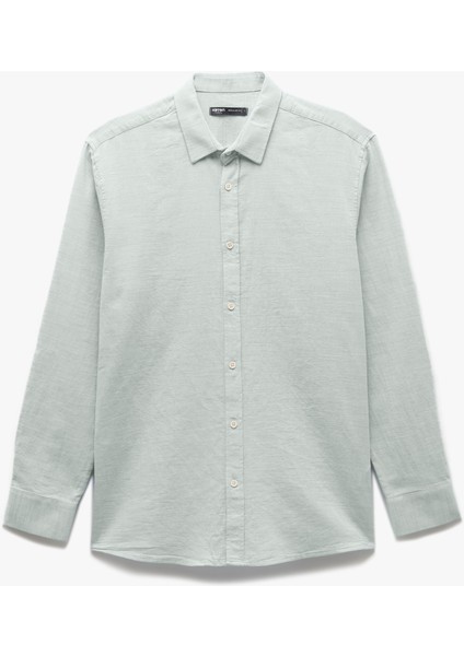 Pamuklu Düğmeli Armürlü Uzun Kollu Gömlek