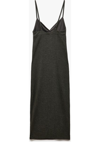 Derin V Yaka Slim Fit Midi Boy Ince Askılı Kalem Elbise