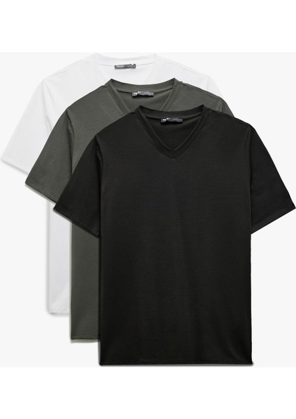 V Yaka Pamuklu Slim Fit Basic 3'lü Erkek Tişört Seti