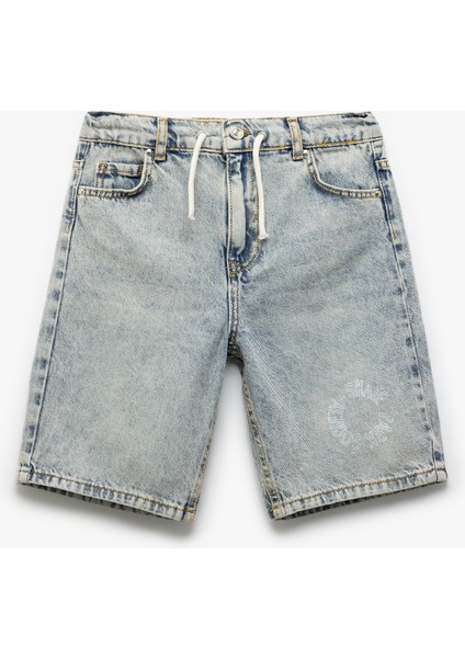 Denim Şort Beli Bağlamalı Düğmeli Cepli Pamuklu