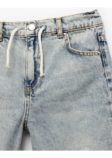 Denim Şort Beli Bağlamalı Düğmeli Cepli Pamuklu fırsatları