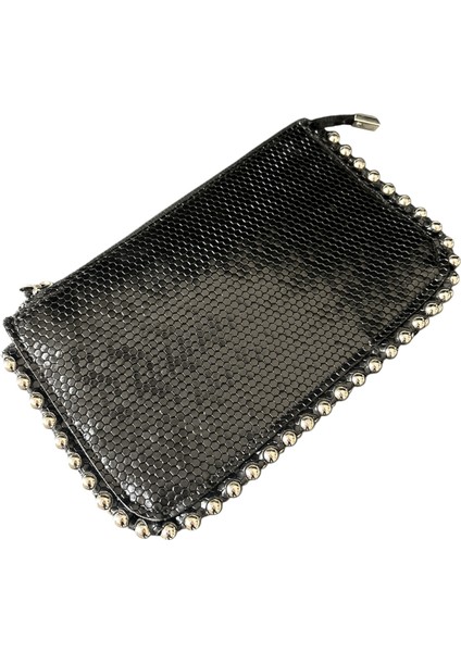 Metal Boncuklu Şık Kadın Clutch Çapraz Zinci Askılı Çanta - Siyah