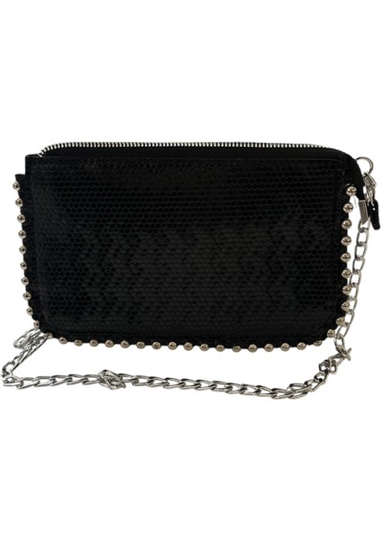 Metal Boncuklu Şık Kadın Clutch Çapraz Zinci Askılı Çanta - Siyah fırsatları