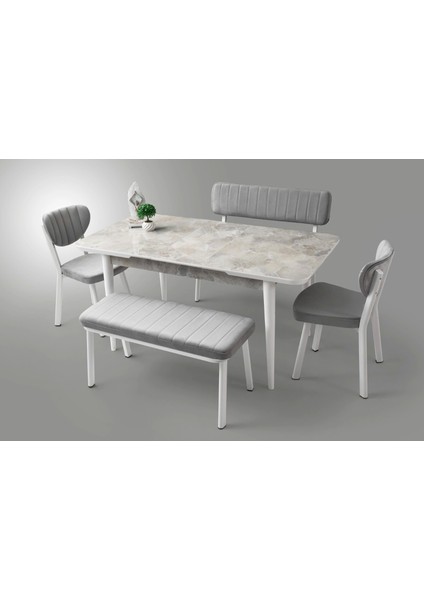 Kelebek Marmo Ahşap Salon Yemek Masa Fulya Sandalye Takımı 4 Sandalyeli Ortadan Açılır Büyüyen 60 x 100 cm Mermer Desen